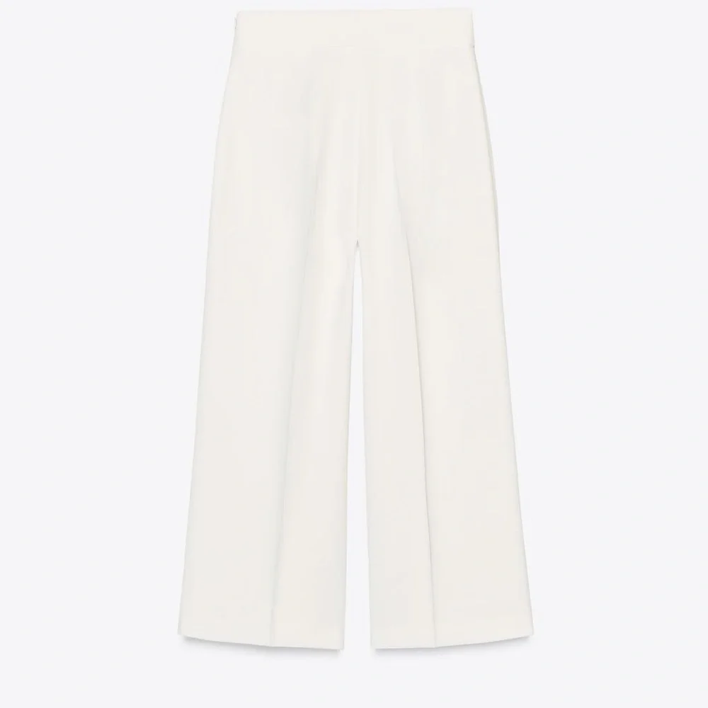 Zara NWT wide straight leg semi cropped elegant white trouser pants side zip